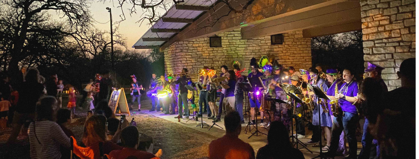 Blowcomotion Brass Band plays at Patterson's Mardi Gras Celebration in 2023